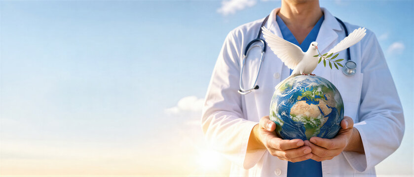 Doctor holding a globe with a white pigeon carrying an olive branch. International Day Doctors of the World for Peace concept. Banner with copy space