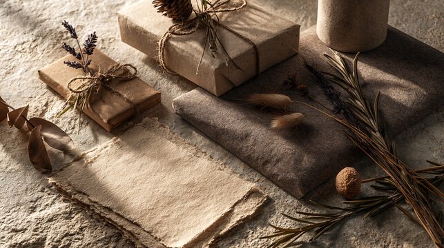 Eco friendly gift packaging wrapped in recycled kraft paper with twine and dried botanicals on a textured neutral background