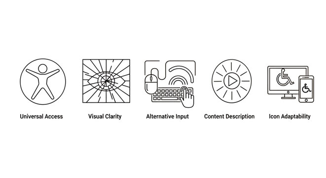 Set of accessibility icons emphasizing universal design, clarity, and inclusive digital content.