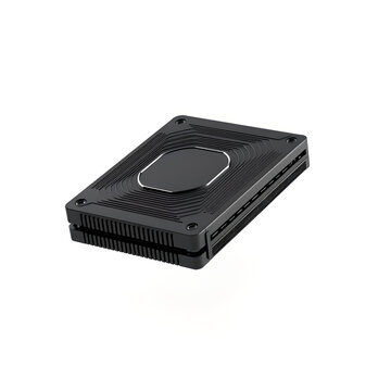 Modern black portable external solid state drive for data storage