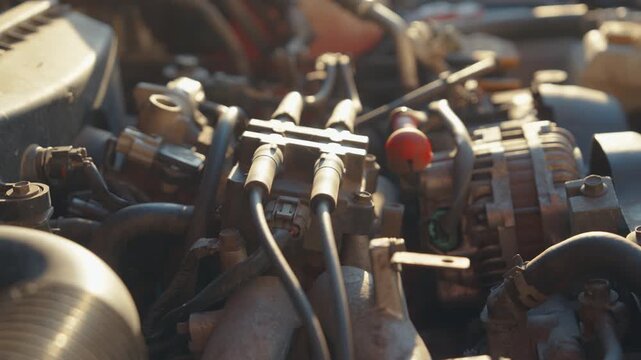 Car Engine Parts with Parallax Camera Movement | Spark Plug Wires and Alternator Detail Under Warm Sunlight | Old Auto Mechanics. Shallow Depth of Field Side View