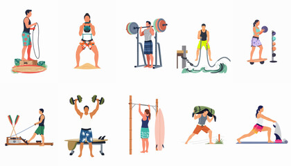 Fototapeta premium Set of flat illustrations featuring various people performing surf-inspired fitness exercises and strength training workouts in a tropical beach environment.
