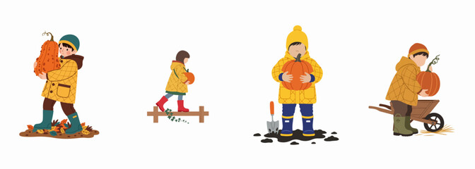 Set of children in autumn clothes harvesting pumpkins, featuring kids in yellow jackets, boots, and hats, perfect for fall and Thanksgiving themes.