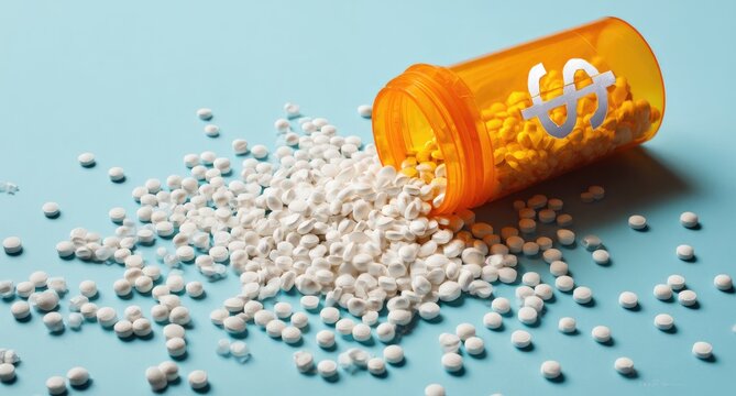 Close-up of an orange prescription bottle on its side with pills spilling out onto a light blue surface. A large dollar symbol is on the bottle