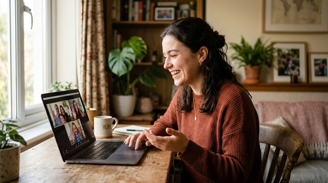 Young woman smiling during a video conference call on her laptop at home.
