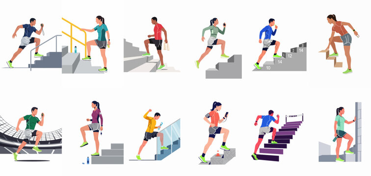 Flat vector illustration set of diverse people running and walking up stairs for fitness, training, and healthy lifestyle in various urban settings.