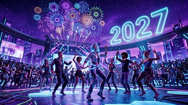 Futuristic New Year 2027 celebration with people dancing under digital fireworks in a neon city