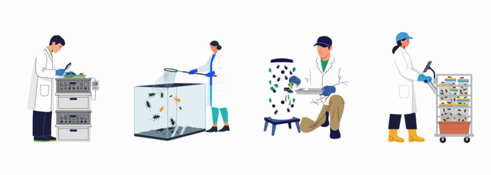 Scientists and laboratory workers conducting research and farming edible insects such as crickets and larvae in a controlled environment for sustainable protein production.
