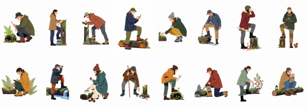 Large collection of diverse characters engaged in nature exploration, forest research, and outdoor hobbies like birdwatching, botany, and photography on a white background.