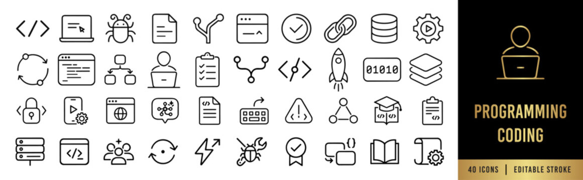 Programming and Coding Line Icon Set. Software Engineering, AI Developer Tools, DevOps Pipelines, and Platform Architecture. 40 Editable Stroke Vectors for Tech SaaS UI.