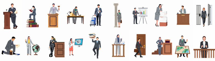 Fototapeta premium Diverse Set of Legal Professionals, Lawyers, and Judges in Various Courtroom and Office Scenarios, Flat Vector Illustration