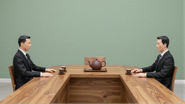 Two men in suits sit opposite each other at a wooden table with tea set.
