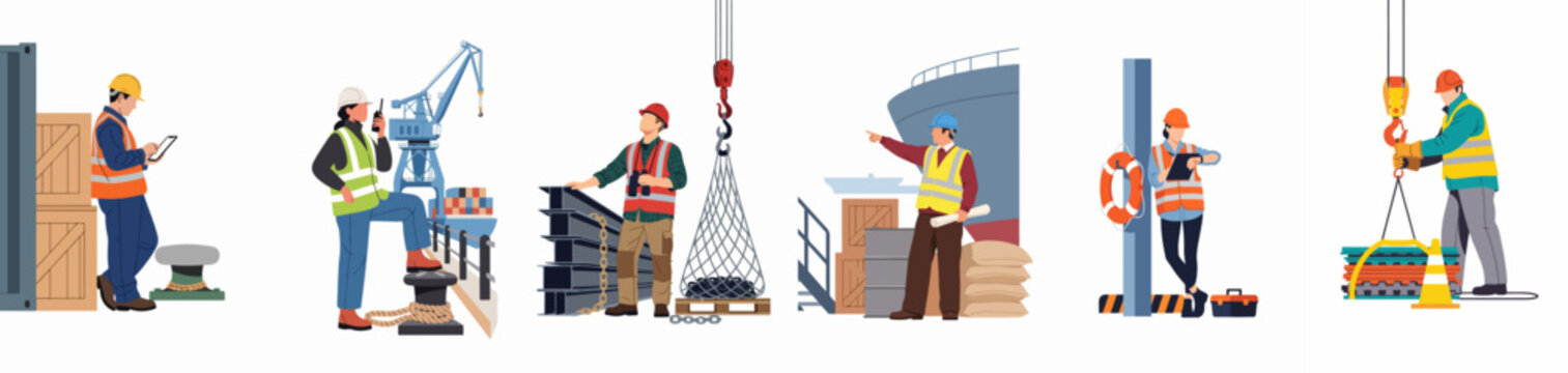 A collection of diverse industrial port workers and supervisors performing various logistics, shipping, and cargo handling tasks in a maritime harbor environment.