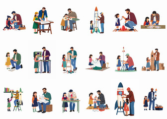 Fototapeta premium Illustrations of fathers and daughters engaging in creative STEM activities, building rockets, painting models, and working together on projects.