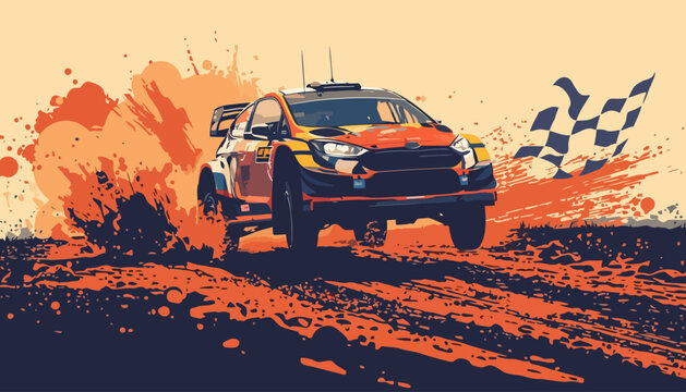 Vector poster illustration of a generic rally car racing through rough terrain with dramatic dirt splash and checkered flag.
