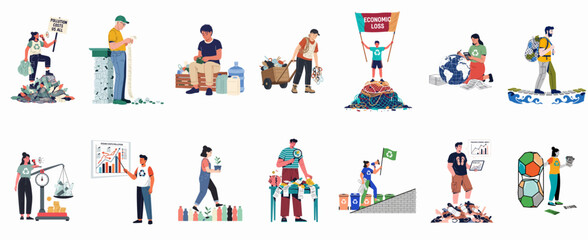 Fototapeta premium Conceptual illustrations depicting the economic impact and financial costs of plastic pollution, environmental waste, and the global ecological crisis.