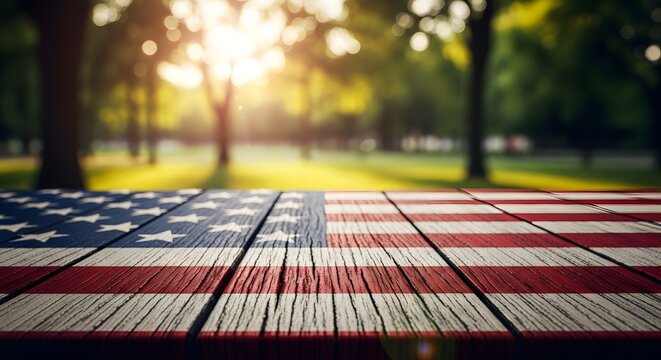 American flag pattern on wooden planks in park