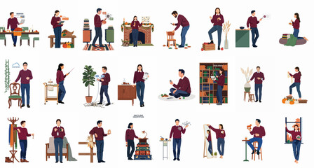 Fototapeta premium Set of Flat Vector Illustrations of People in Red Sweaters and Jeans Engaged in Lifestyle Activities with Integrated Cybersecurity and Autumn Themes.