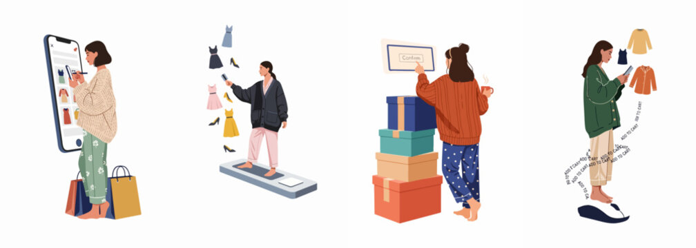 Flat illustration set of women engaged in various stages of online shopping, from browsing and mobile payments to receiving delivery packages.