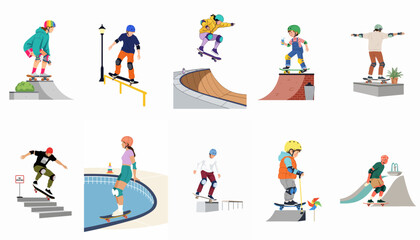 Fototapeta premium A diverse set of flat vector illustrations featuring people of various ages skateboarding and performing tricks in different urban and skatepark settings.