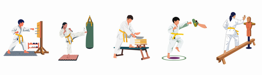 Fototapeta premium Vector illustration set of children wearing white uniforms and yellow belts while practicing martial arts training exercises like kicking, punching, and board breaking.
