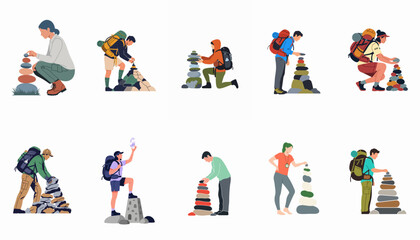 Fototapeta premium Set of diverse people and hikers stacking rocks to create stone cairns, isolated on a white background.
