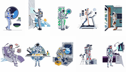 A comprehensive illustration set depicting the daily life and various activities of astronauts inside a futuristic space station environment. © Le
