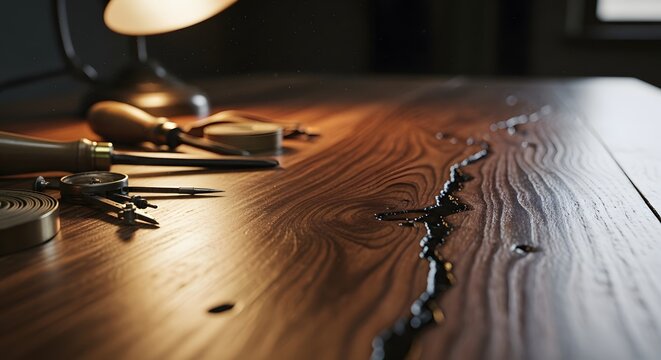 Wood table with resin crack and woodworking tools
