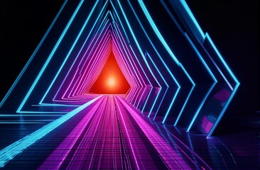 Naklejka premium Neon triangle tunnel with vibrant blue, pink, and orange lights leading into darkness.