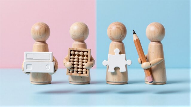 Four wooden figures hold symbols of teamwork, creativity, and problem-solving against a split-color background.