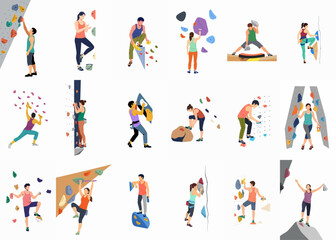 Fototapeta premium Flat vector illustrations of diverse people rock climbing and bouldering on artificial walls in an indoor gym environment.