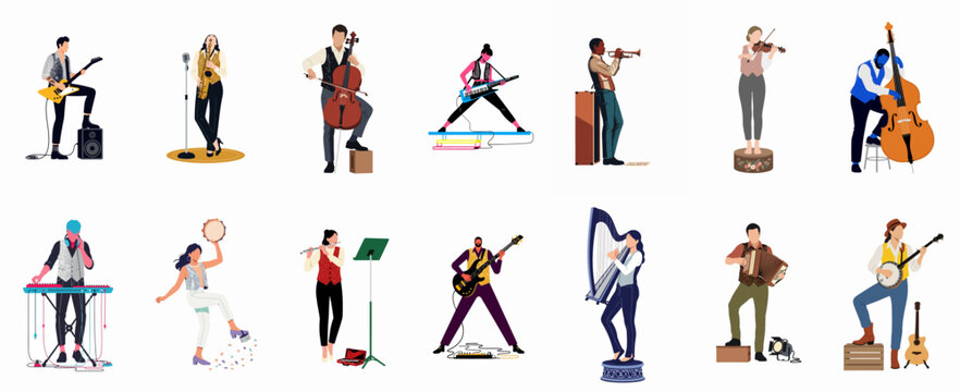 Collection of diverse musicians playing various musical instruments in a clean flat illustration style, isolated on a white background.