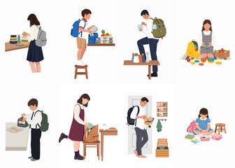 Fototapeta premium Flat illustration set showing students and workers preparing and packing lunch boxes into backpacks for their daily routines at school and office.