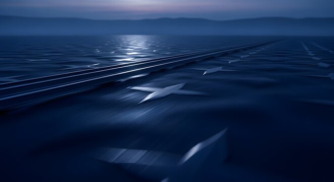 Blue abstract landscape with parallel track and star shape