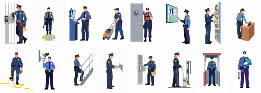 Set of flat vector illustrations depicting prison guards and correction officers performing various duties and tasks in a correctional facility.