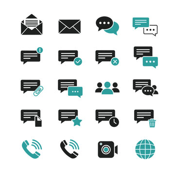 Clean, scalable vector icons featuring a modern communication theme with teal and black elements, depicting messages, chat bubbles, notifications, and contact methods for digital
