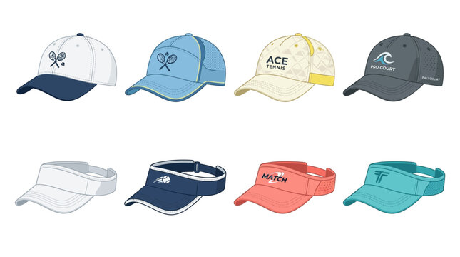 Set of athletic baseball caps and tennis visors in various colors