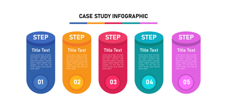 Case study infographic template with five colorful steps