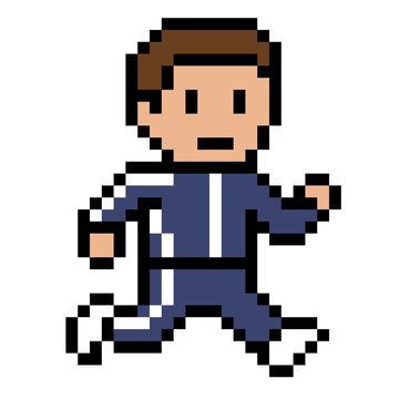 Pixel art running man character in tracksuit, isolated male jogger training
