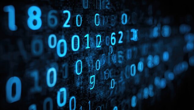 Digitally rendered array of glowing blue numbers on a dark background, suggesting data flow and digital processing