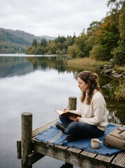 Fototapeta premium Young woman writing in a journal on a wooden pier by a tranquil lake surrounded by autumn trees.
