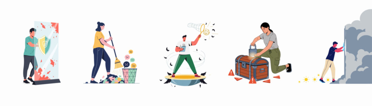Conceptual illustrations showing characters managing digital hygiene, data privacy, mental health, and social media moderation to promote a healthy online lifestyle.