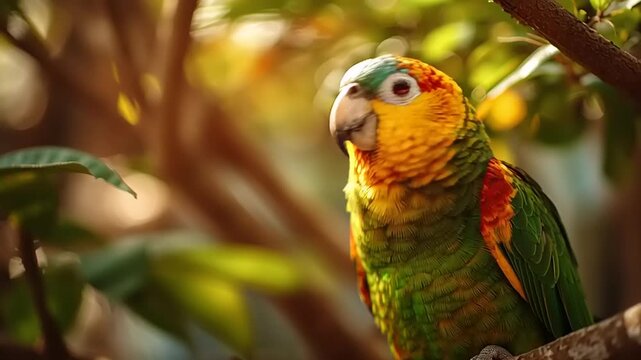 Vibrant parrot perches on branch in lush tropical forest with green leaves and colorful feathers