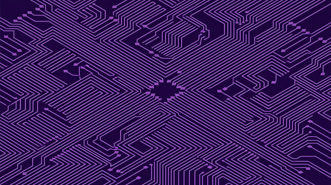 Isometric purple circuit board vector diagram with complex electronic pathing, motherboard microchip connection lines, and futuristic digital communication technology concept on a dark background.