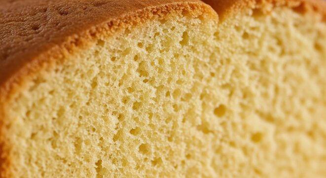 Close-up macro shot of soft yellow sponge cake texture and crust