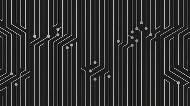 Minimalist black circuit board pattern with white digital traces and connection points. Abstract high-tech motherboard background for technology and computer engineering themes.