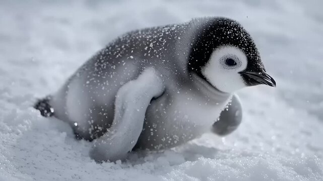 Adorable little penguin slides on snowy ground in cold weather conditions