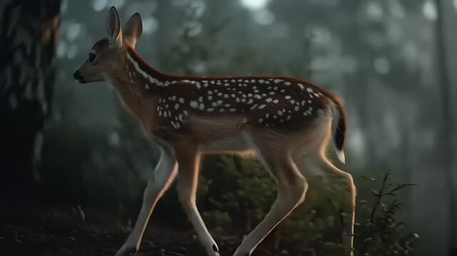 A deer walks through a dense foggy forest with trees and foliage