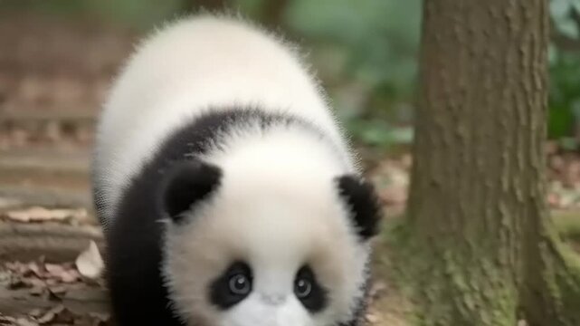 Cute panda bear cub crawls on forest floor towards camera near tree