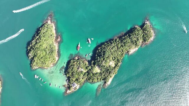 Angra dos Reis, Rio de Janeiro. Lagoa Azul, Blue Lagoon. Aerial view, establishing shot.